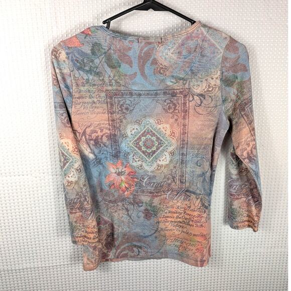 Dressbarn Medium Multicolor Floral Scroll Print Top 3/4 Sleeve Boho Made in USA - Picture 5 of 5